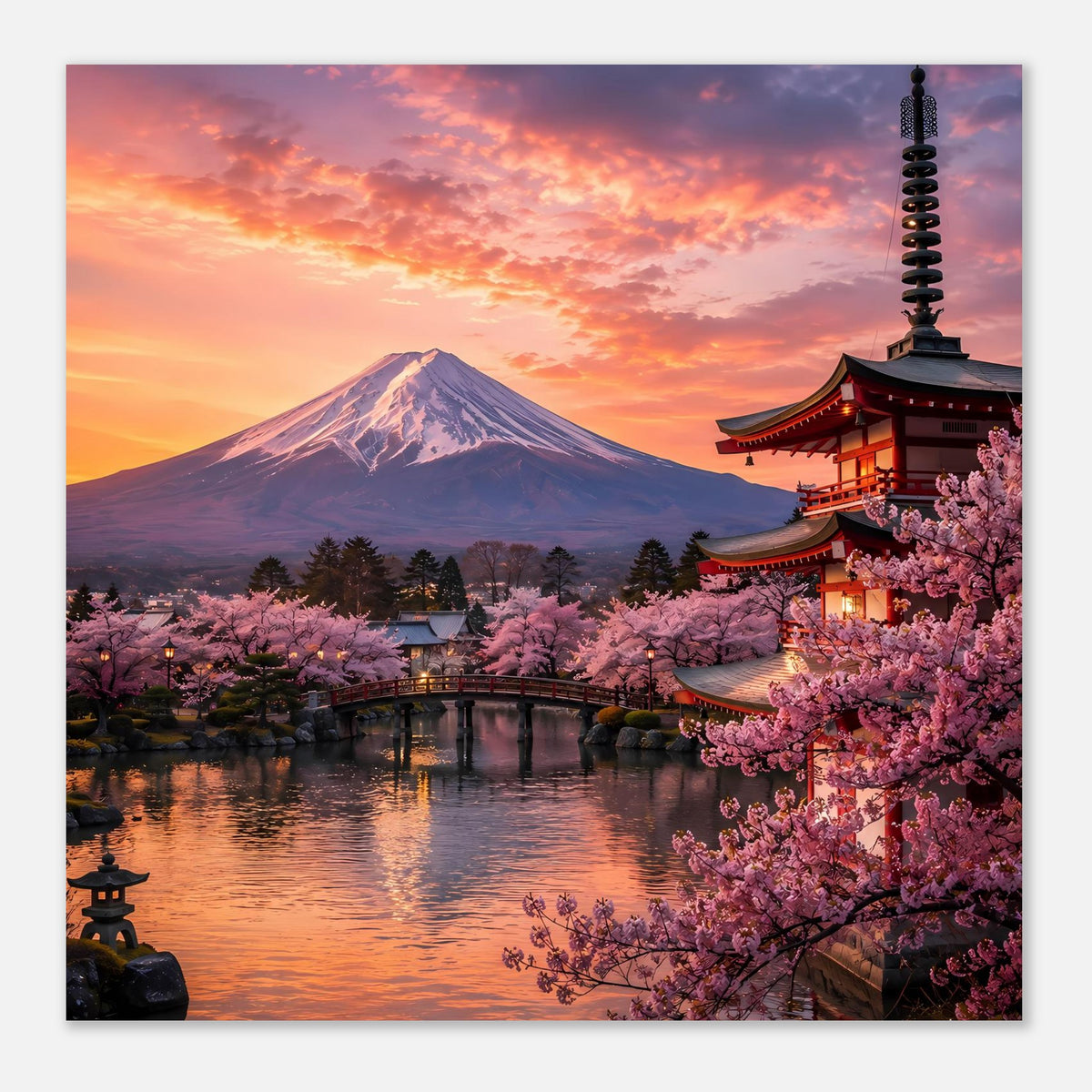 Poster mit Berg Fuji, Kirschblüten und Pagode über Wasser im Abendhimmel, Querformat