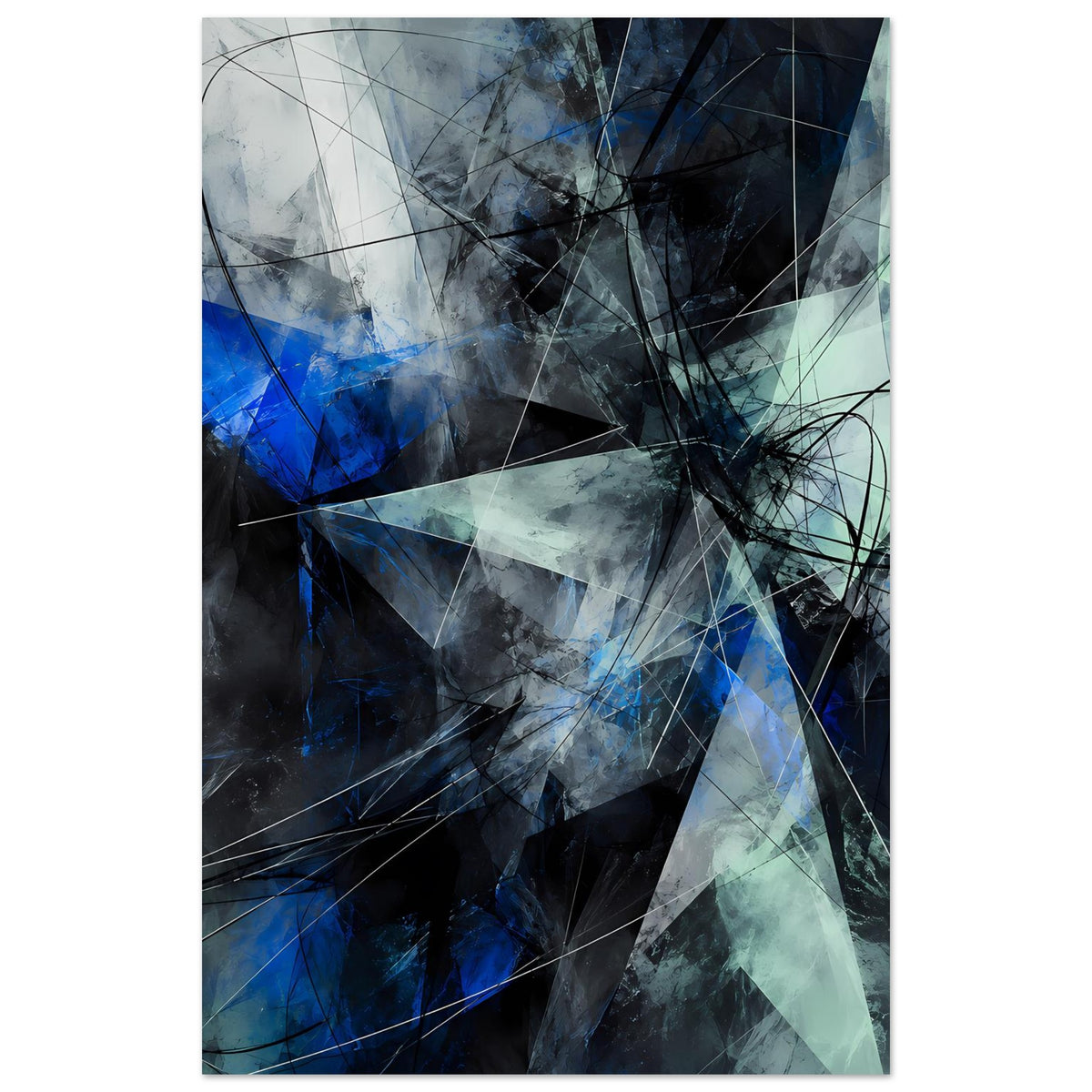 Abstraktes geometrisches Poster, vertikal: Blau- und Türkistöne mit schwarzen Linien