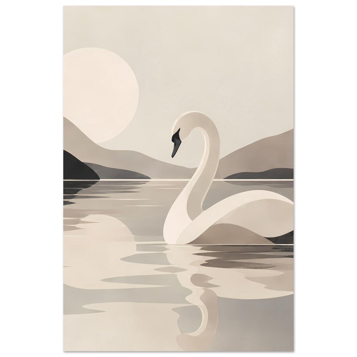 Wandposter im Hochformat mit Schwan und Landschaften, abstrakte Wasseroberfläche in Grau-Beige.
