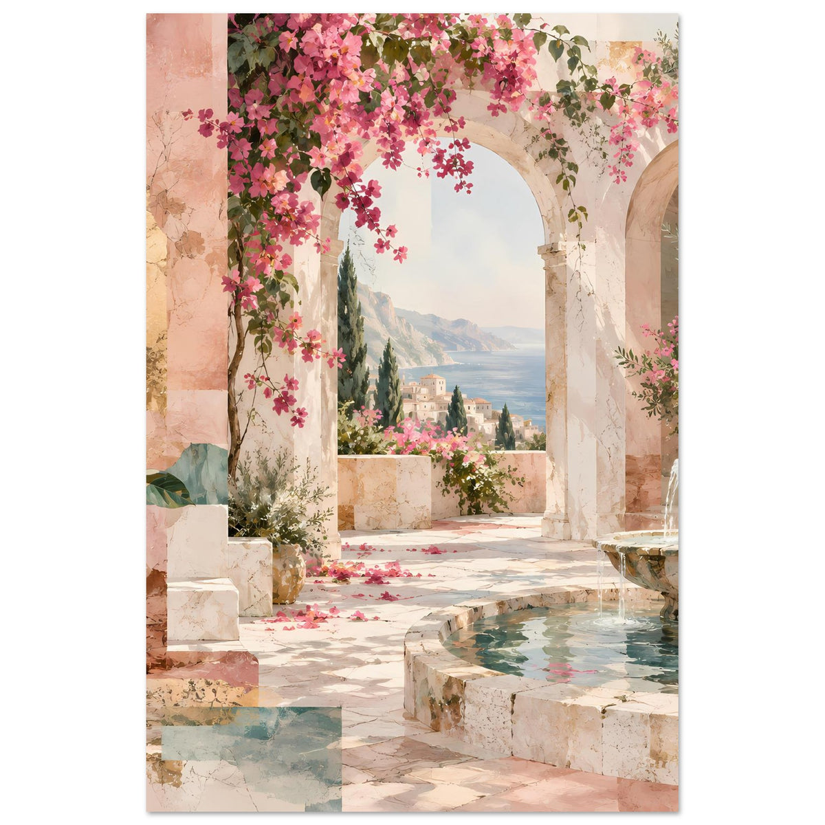 Kunstposter: Terrasse mit Bögen und Brunnen, Felsenpflaster, pinke Blüten und Pflanzenrahmen