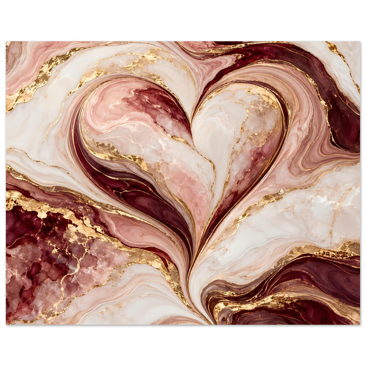 Horizontales Poster mit abstraktem Herz-Marmor in Rosé, Burgund und Gold.