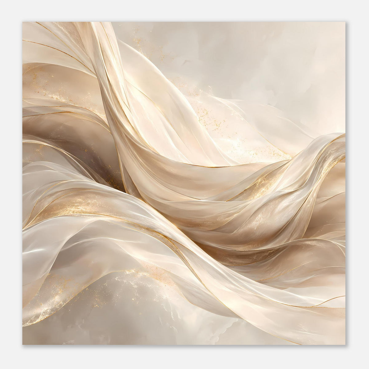 Abstraktes Leinwandposter im Hochformat mit cremefarbenen und goldenen Stoffbändern und Glanz