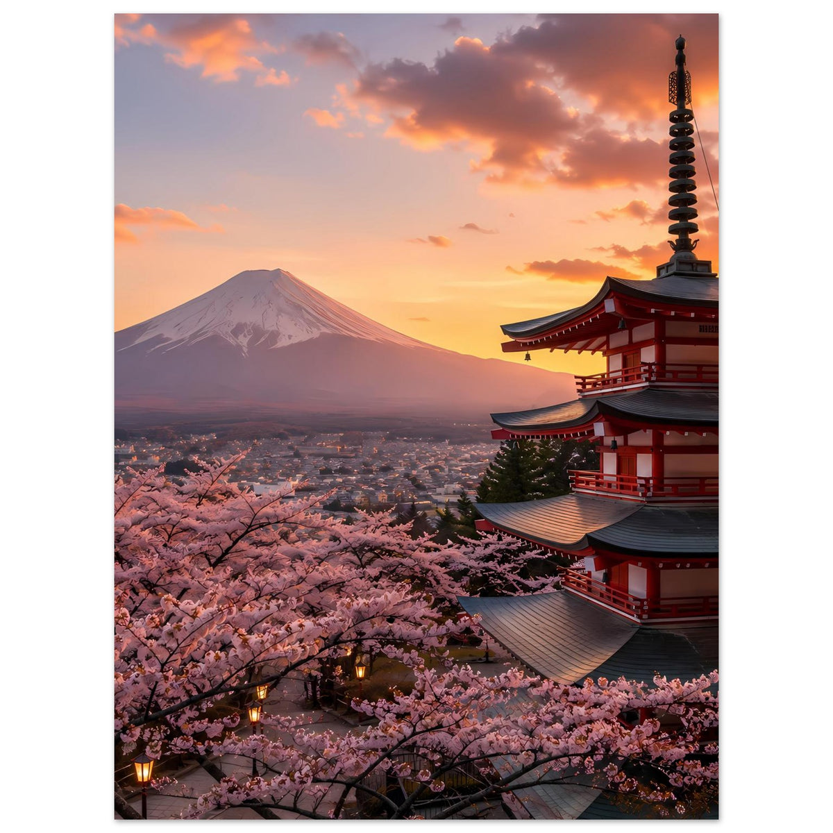 Hochformatiges Poster mit Kirschblüten, Mount Fuji und rotem Tempel bei Sonnenuntergang