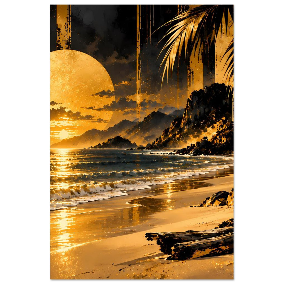 Hochformat-Kunstposter mit Golden-Sunset-Strand, goldene Uferlinie, Wellen und Palmen
