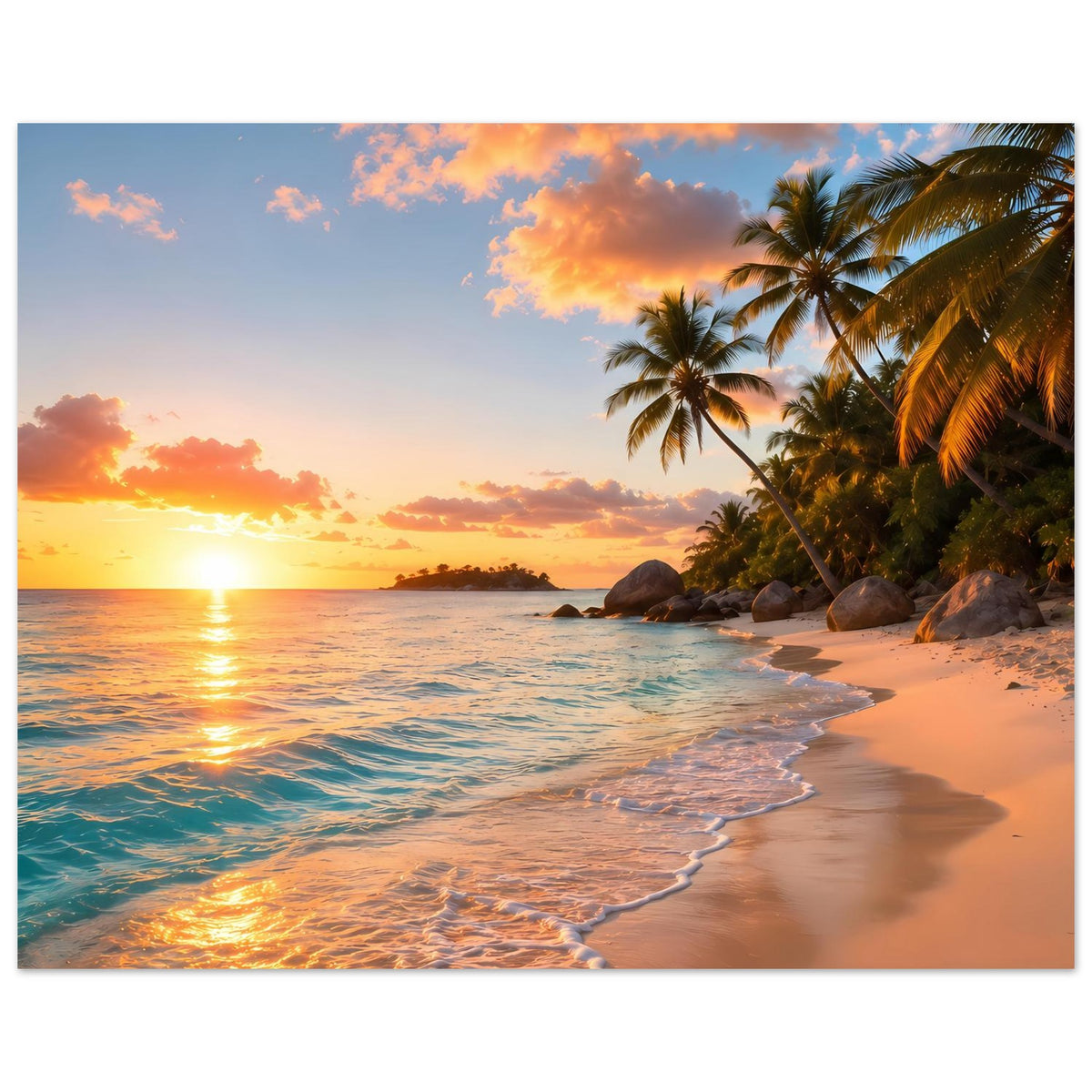 Posterdruck Strand bei Sonnenuntergang mit Palmen, glitzerndem Meer und Wellen