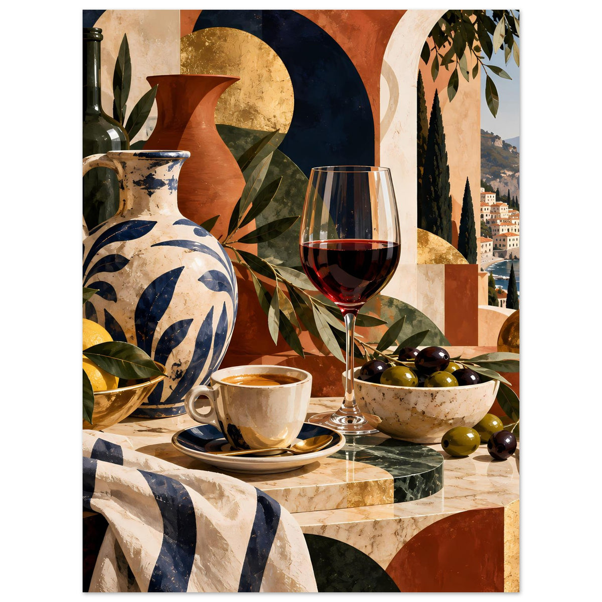 Poster mit mediterranem Stillleben: bunte Vase, Weinglas, Kaffeetasse und Olivenschale
