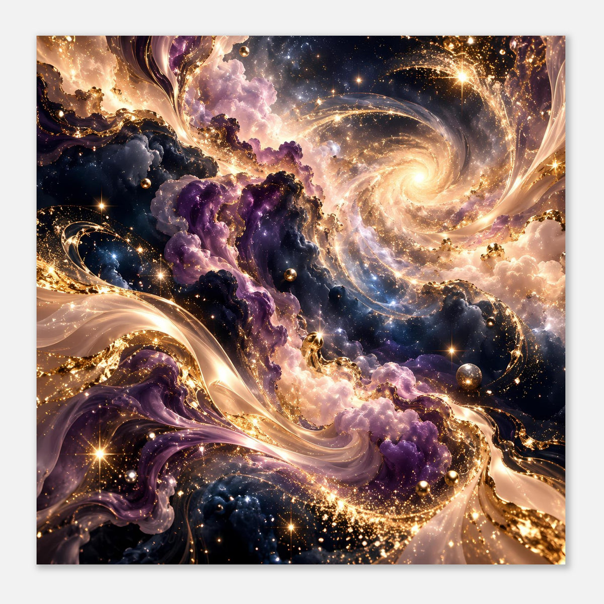 Kunstdruck im Hochformat mit Fokus auf Spiralnebel, goldene Funken und Planeten