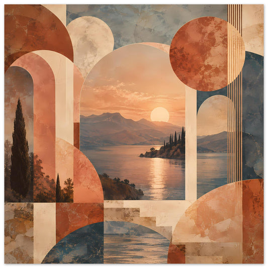 Abstraktes Poster mit Sonnenuntergangslandschaft, warmen Erdtönen und großen Kreisformen