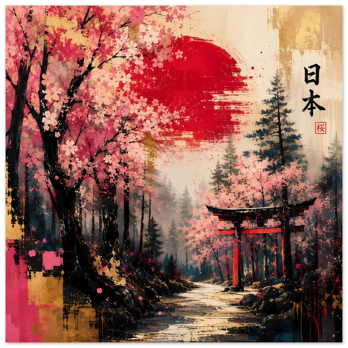 Poster mit Torii am Weg, Kirschblüten und gold-rote Halbmondform über dem Wald