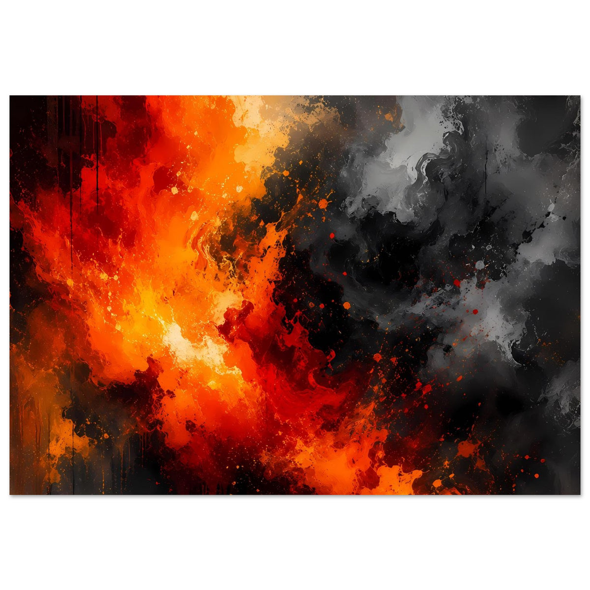 Abstraktes Poster mit Feuer- und Rauchmotiv, Querformat, leuchtend orange links, dunkelgrau rechts