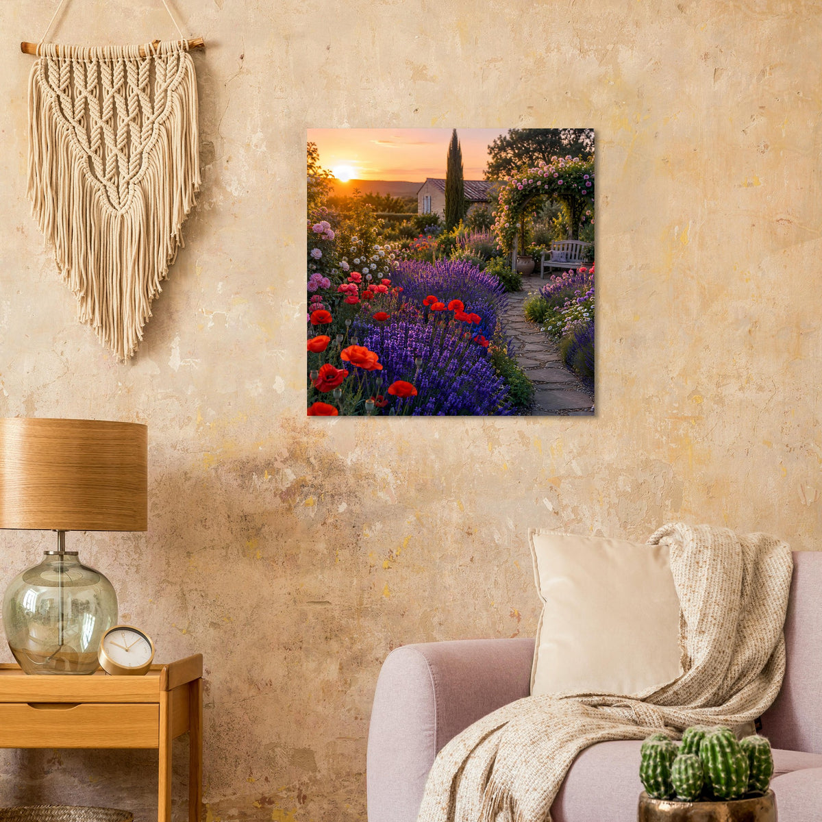 Romantisches Sonnenuntergang-Gartenposter: bunte Blumen, Gartenweg, Kirchturm und Abendhimmel