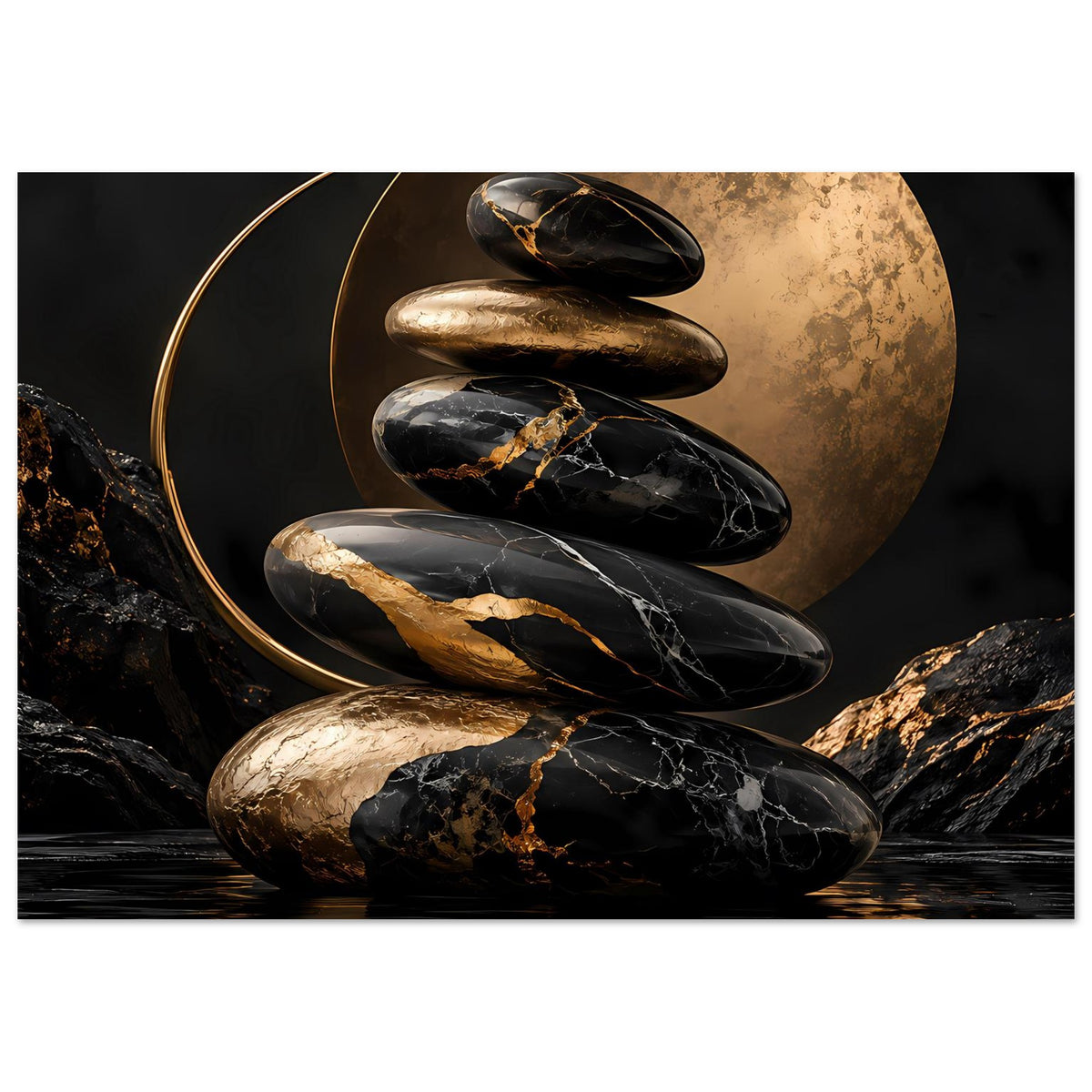 Poster mit Zen-Steinen und goldener Kreisfläche, schwarze Marmoroptik mit goldenen Highlights