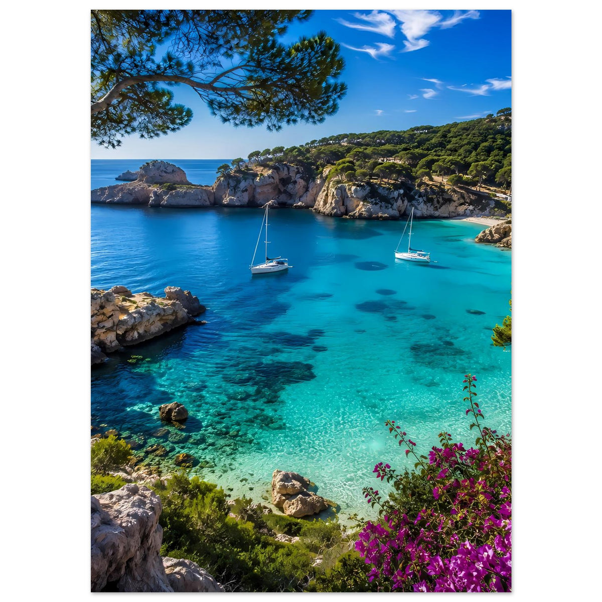 Mediterranes Küstenfoto-Poster: türkisgrüne Bucht, Segelboote, Felsen, Büsche und violette Blüten