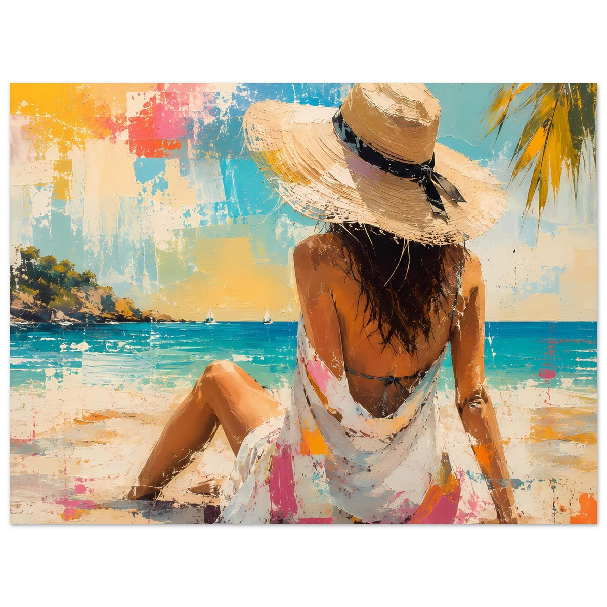 Sommerposter: Frau sitzt am Strand, Strohhut und weißes Kleid mit Pink- und Orangetönen