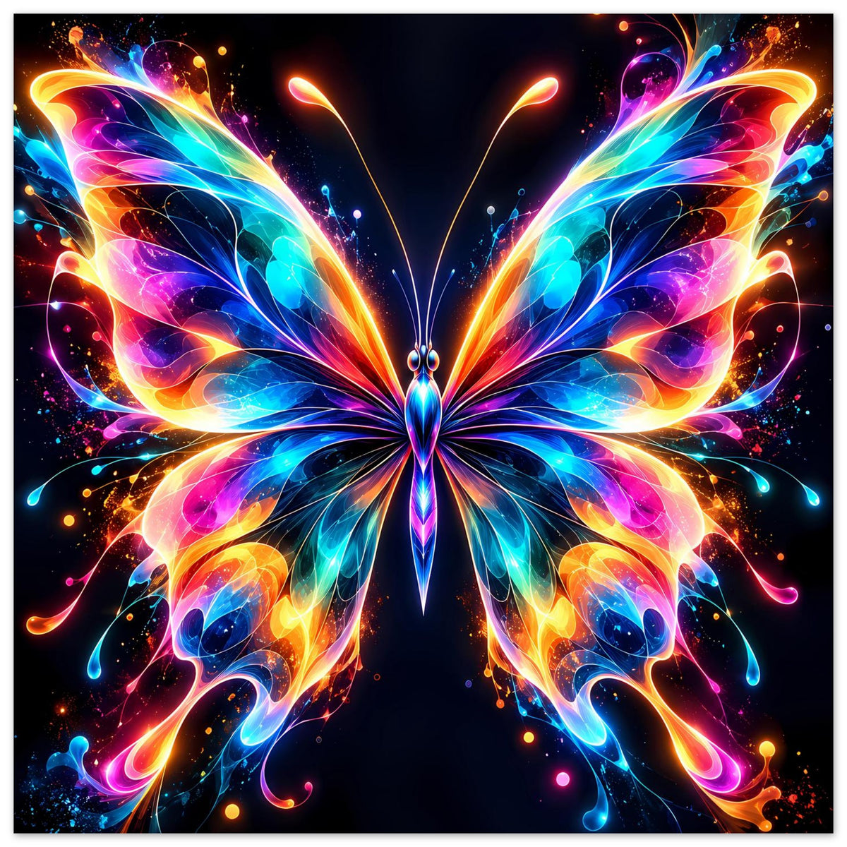 Neon-Schmetterlingsposter im Querformat, zentraler Schmetterling mit bunten Lichtströmen.