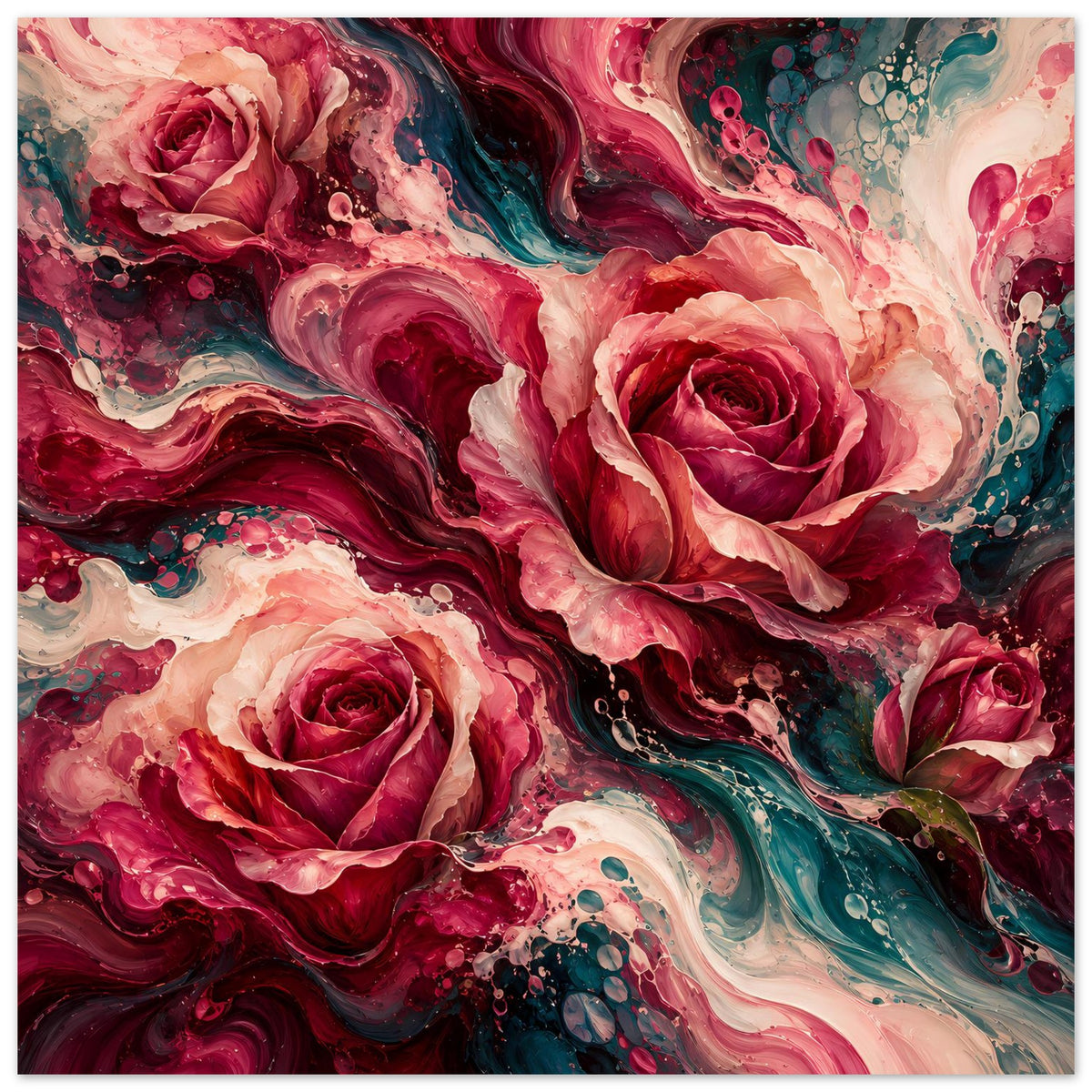 Blumenposter mit Rosen in Rot und Creme, Türkis Akzenten, abstrakte Farbwirbel und Sprenkel
