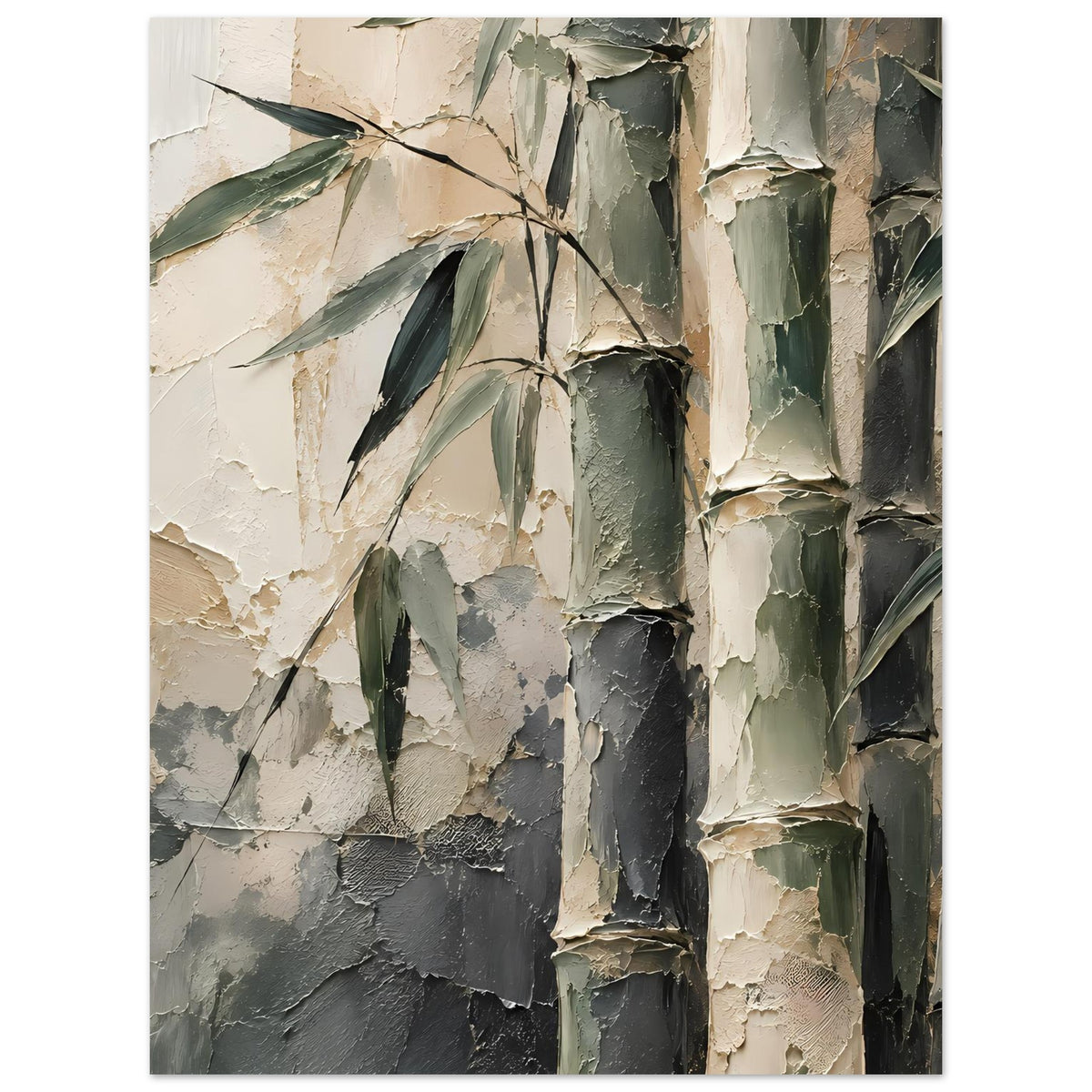 Gerahmtes Bambuskunst-Poster im Hochformat: strukturierte Bambusstämme mit Blättern, in Grün- und Cremetönen