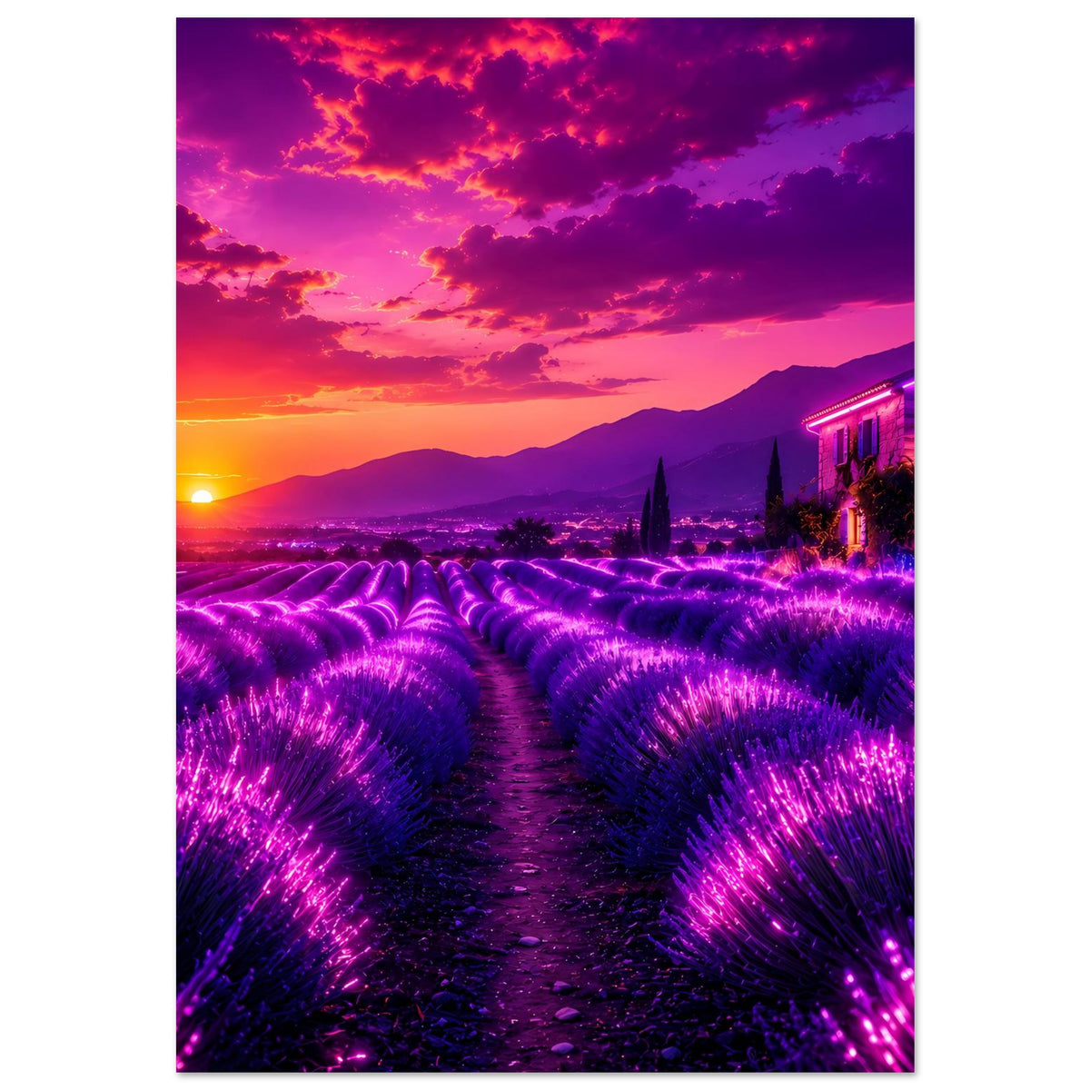 Poster: Lavendelfeld mit lila Blütenreihen, zentraler Weg und violetter Sonnenuntergang