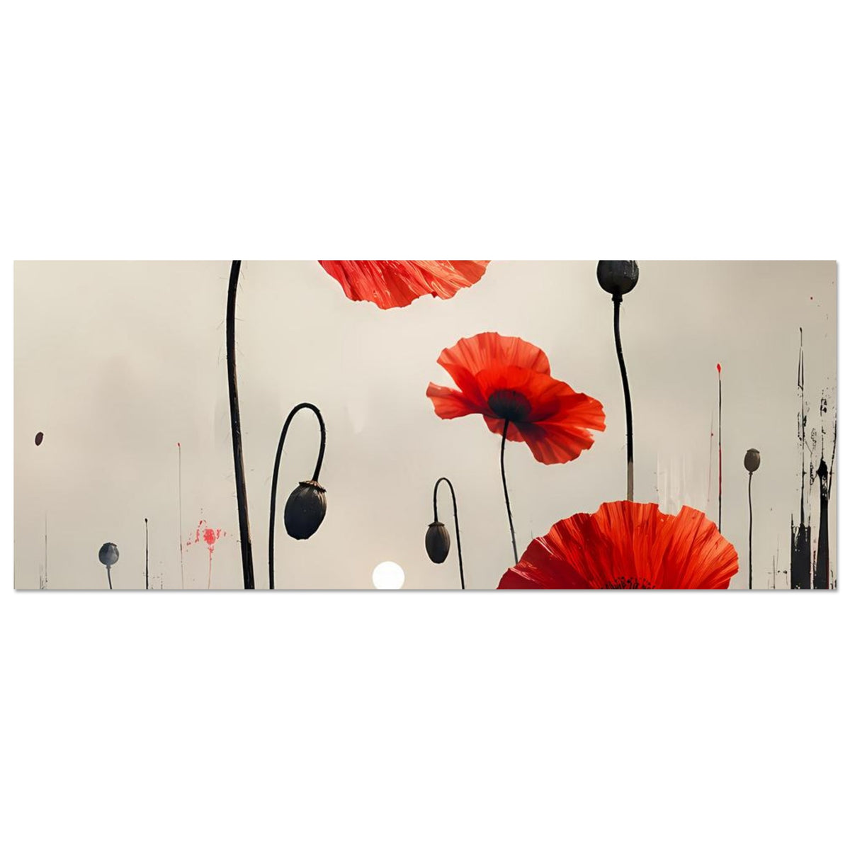 Abstraktes Blumenposter im Querformat: rote Mohnblüten und schwarze Stiele, beschnitten
