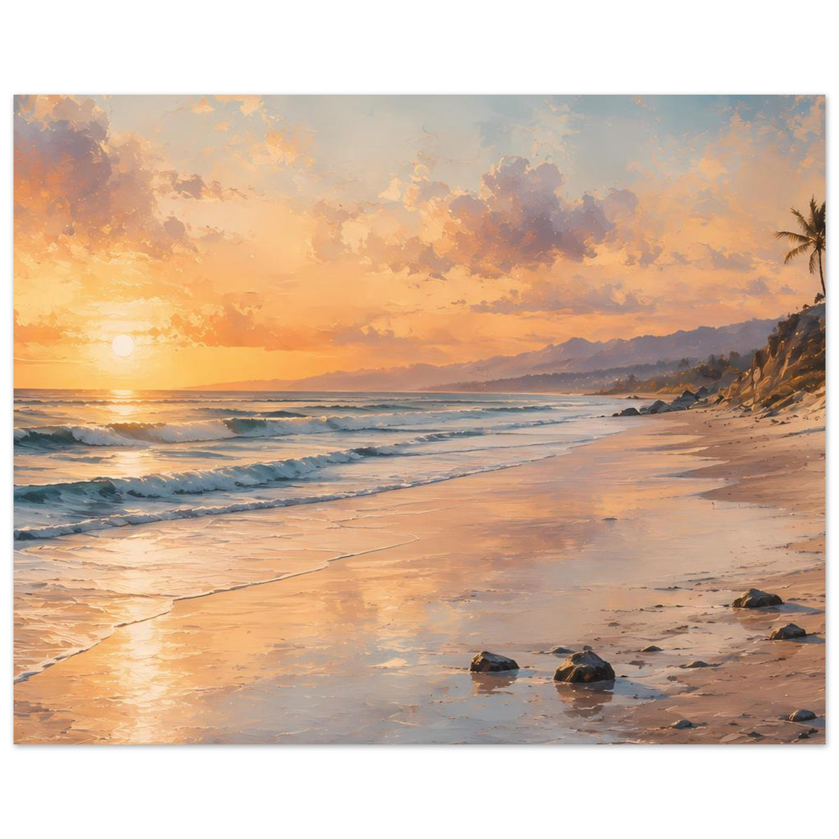 Strandposter im Querformat mit goldener Sonne am Horizont, Sandstrand und Palmen