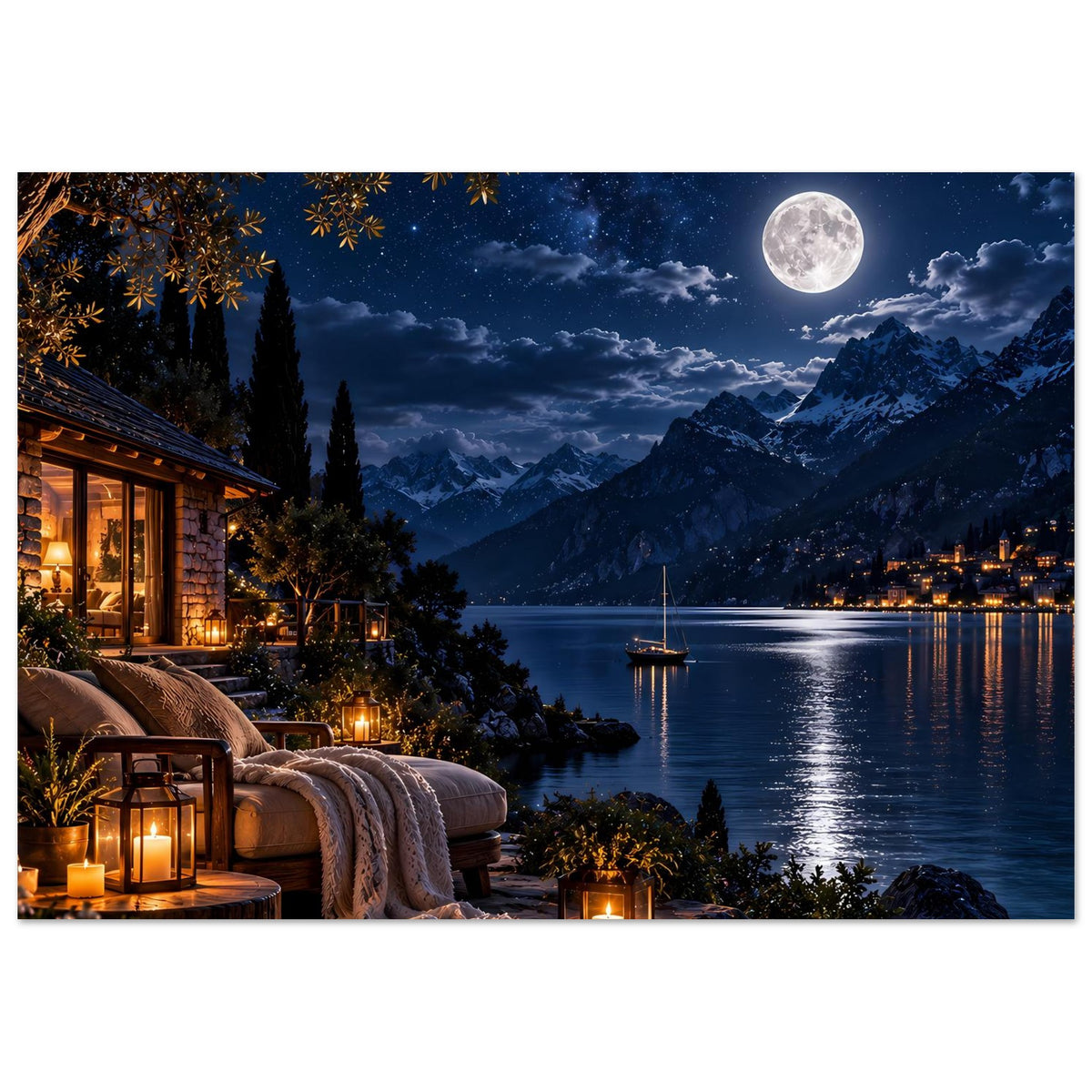 Querformat-Poster: Vollmond über Bergsee, spiegelndes Wasser, beleuchtete Terrasse und Laternen