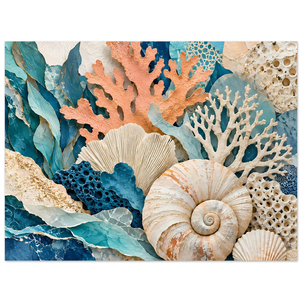Rechteckiges Poster mit Korallen- und Muschelmotiv, große Spiral-Muschel im Vordergrund