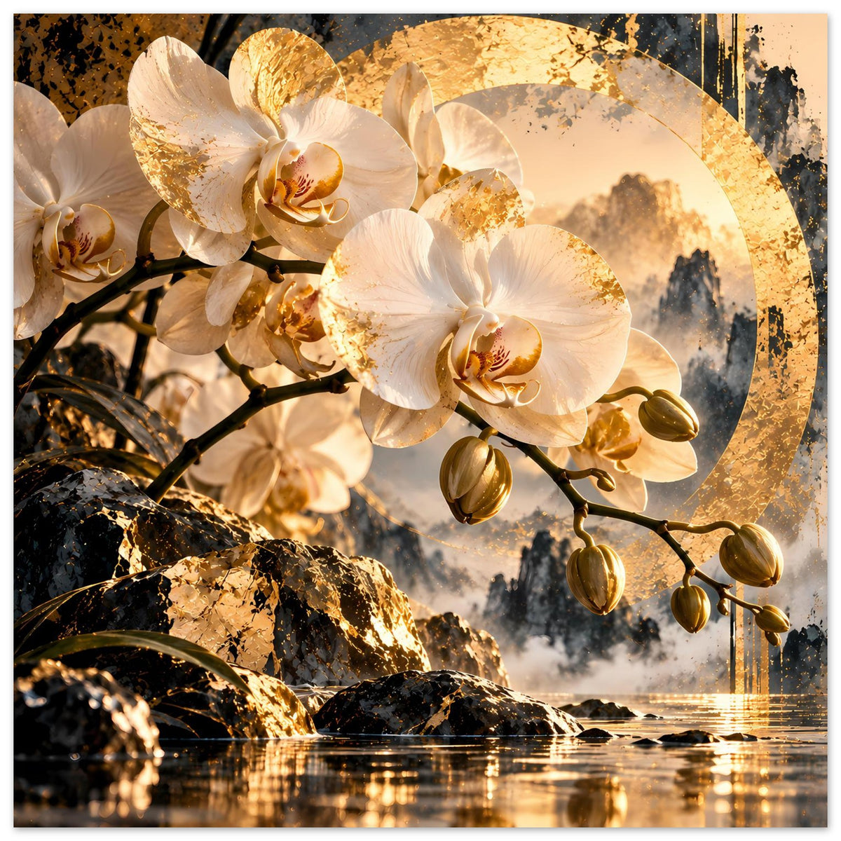 Orchideenposter: weiße Orchideenblüten mit goldenen Ranken, goldener Kreis, Fels und Wasser