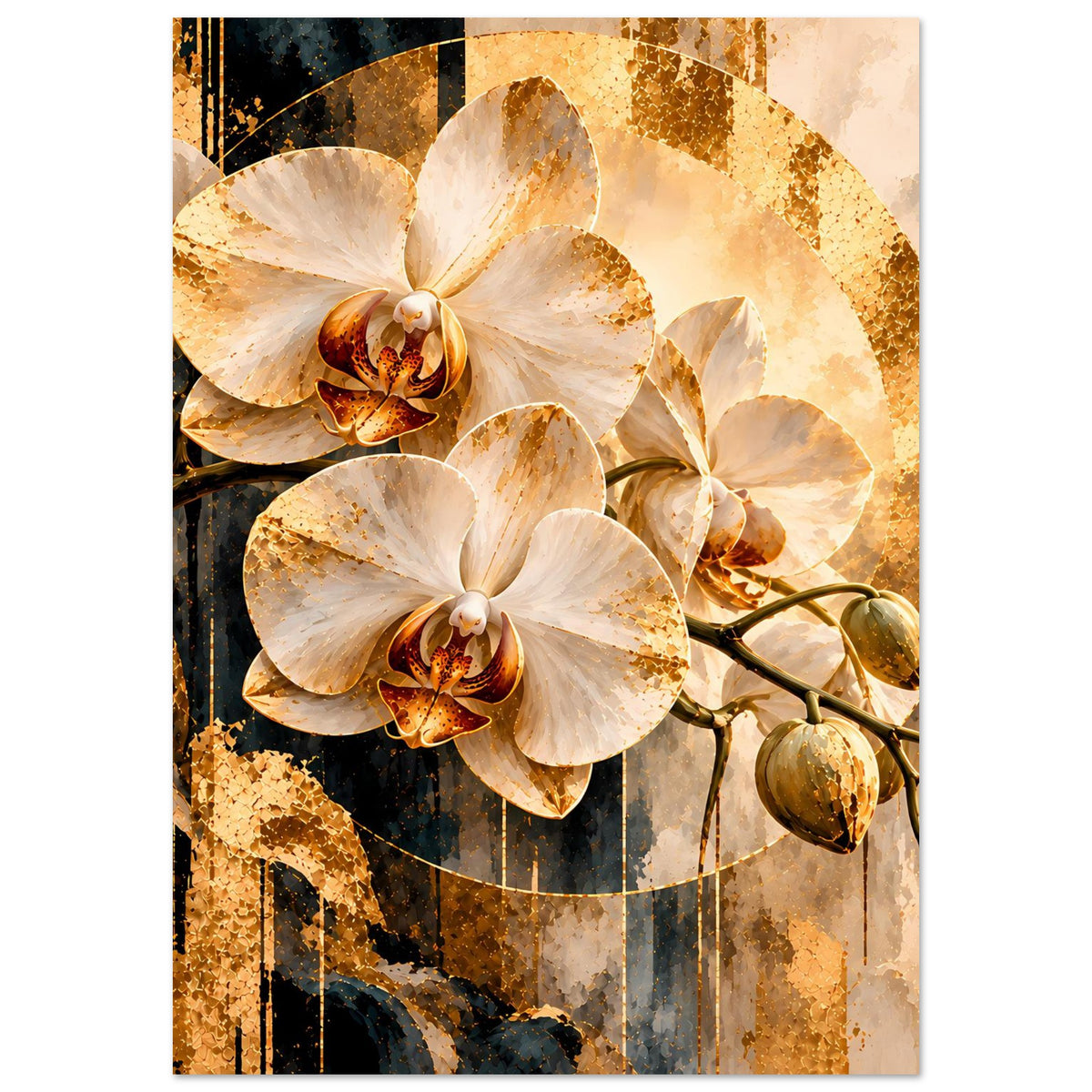 Orchideen-Kunstposter, vertikal: cremefarbene Orchideenblüten an goldenen Ranken