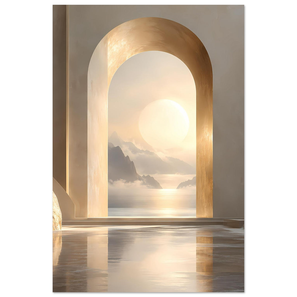Poster mit großer goldener Rundbogenöffnung, Landschaft mit Bergen, Wasser und ruhiger Abendsonne