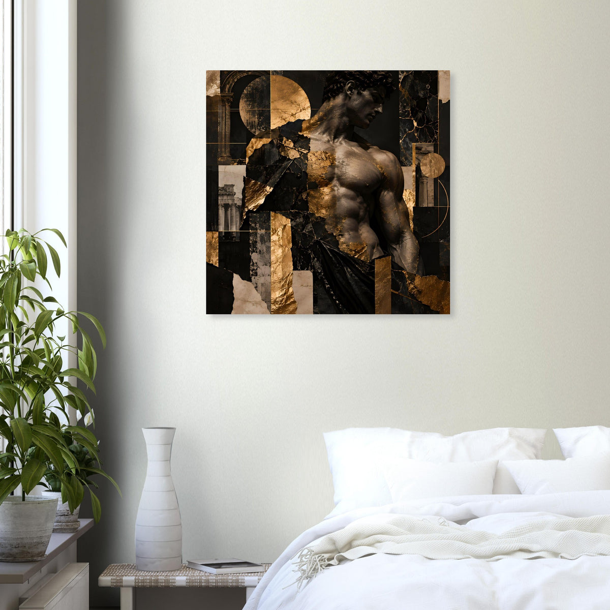 Kunstposter mit gold-schwarzer Skulptur und geometrischen Flächen