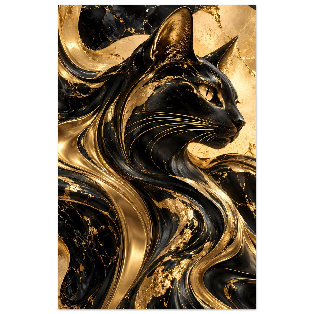 Katze im Gold-und-Schwarz-Poster mit abstrakten Wirbeln, zentriert und im Vertikalschnitt