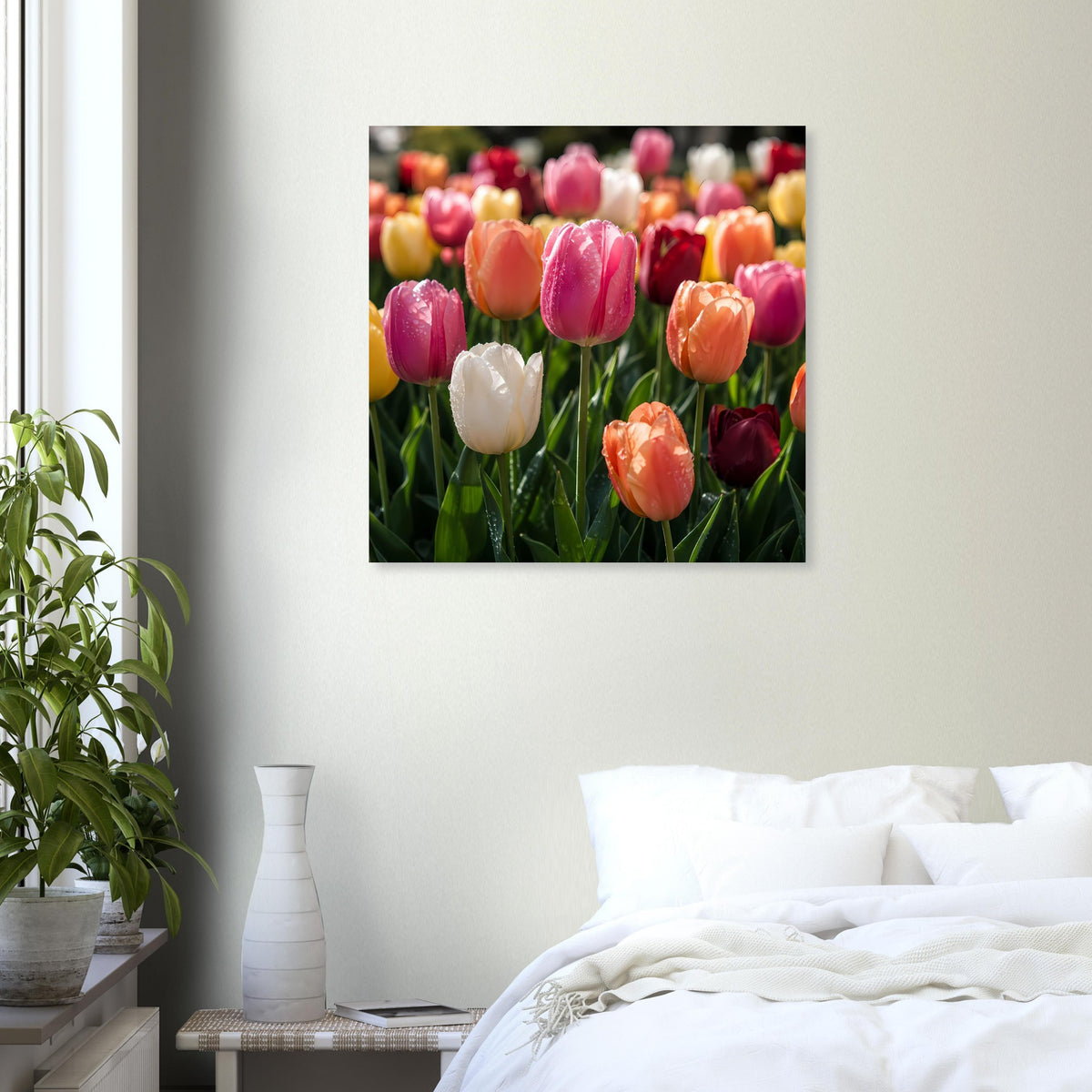 Quadratisches Tulpen-Poster mit schwarzem Rand: orange, pink und weiße Tulpen im Nahblick