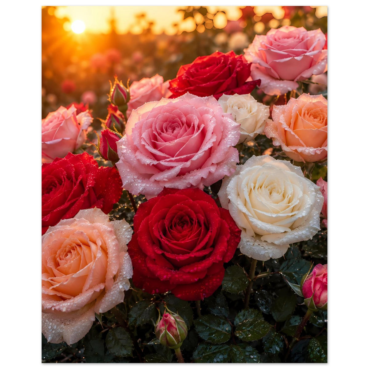 Rosenposter (vertikal) mit Rosenblüten in Rosa, Rot und Cremeweiß, dichtes Bouquet