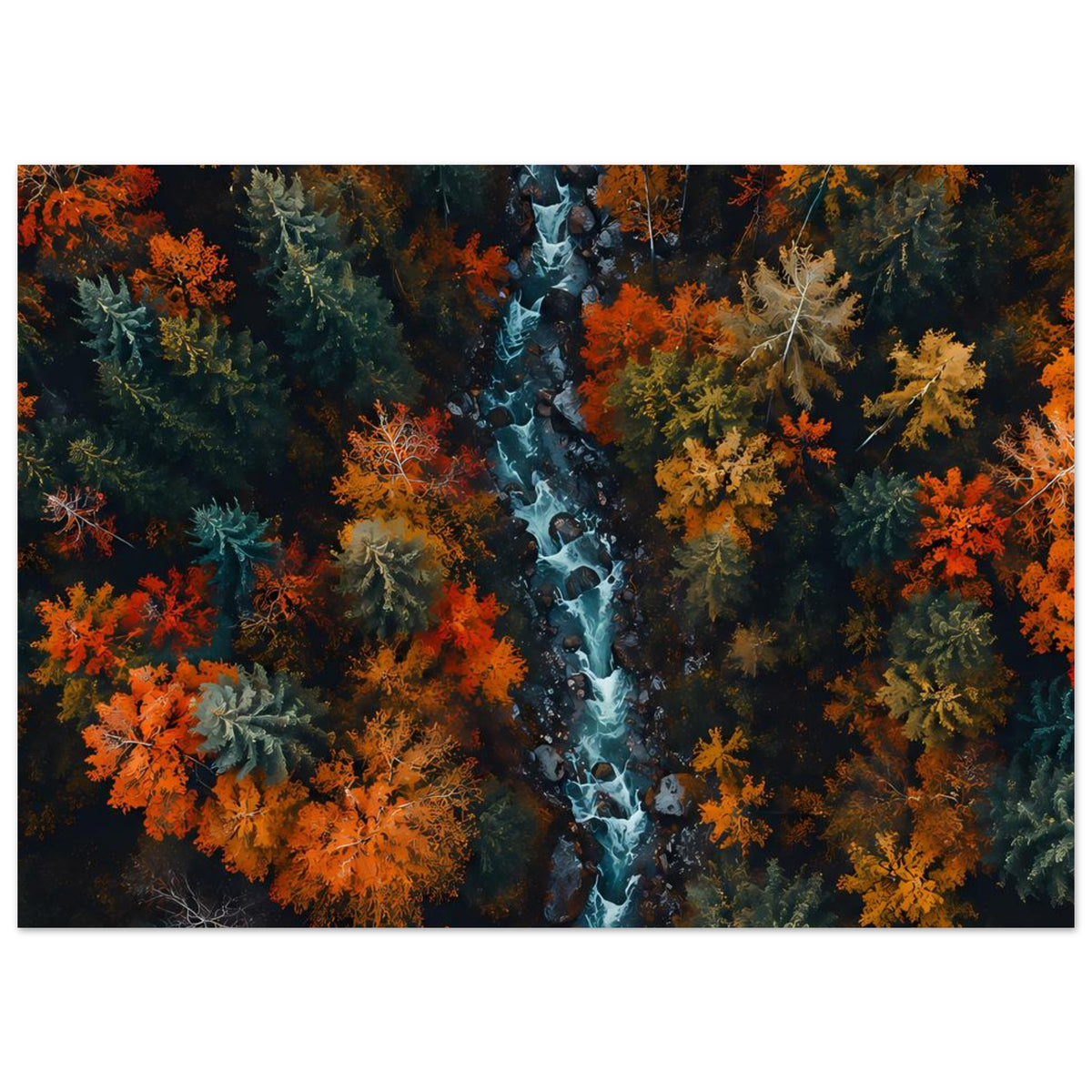 Flusswald-Poster: blauer Strom durch orangefarbenen Herbstwald, breiter Ausschnitt