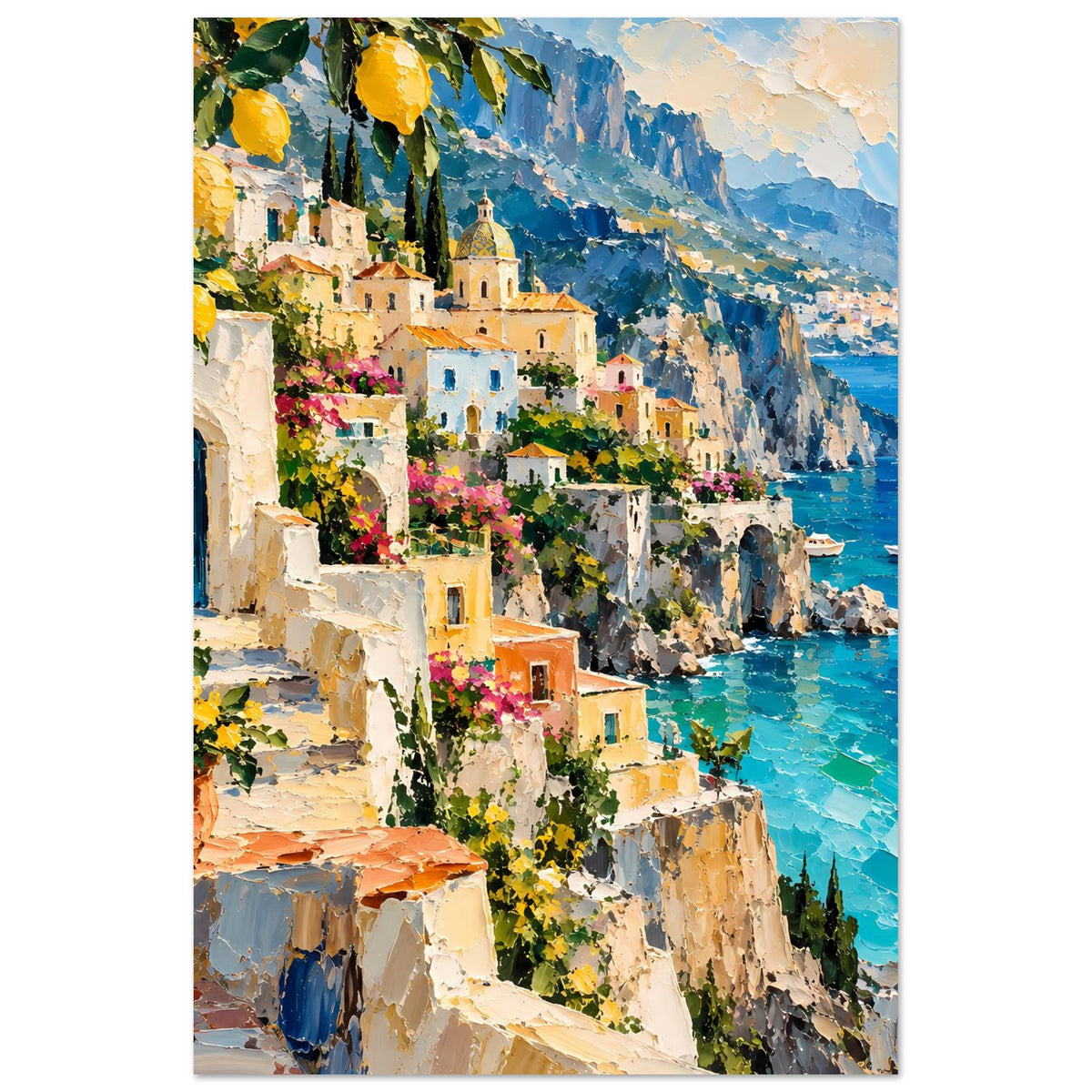 Mediterranes Küstenflucht-Poster: Häuser am Kliff mit türkisfarbenem Meer und bunten Blumen