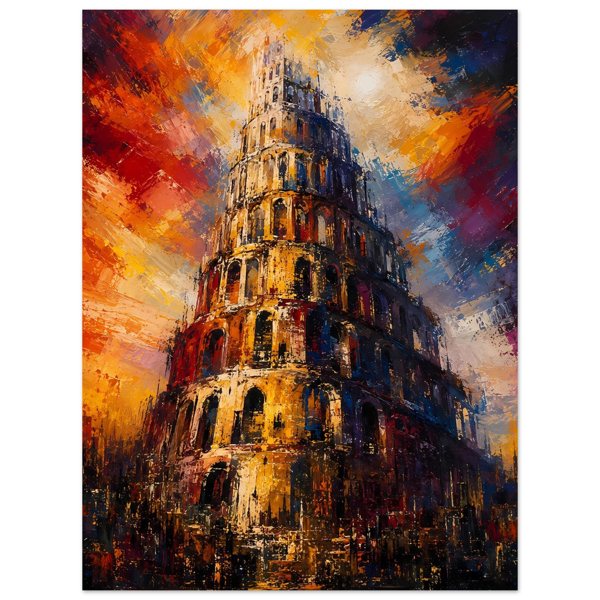 Poster: Turm von Babel in kräftigen Blau-, Orange- und Goldtönen, vertikal