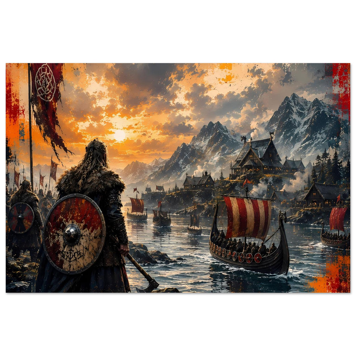 Wikinger-Saga-Poster mit Krieger im Vordergrund, rotem Schild und Langschiff im Dunst