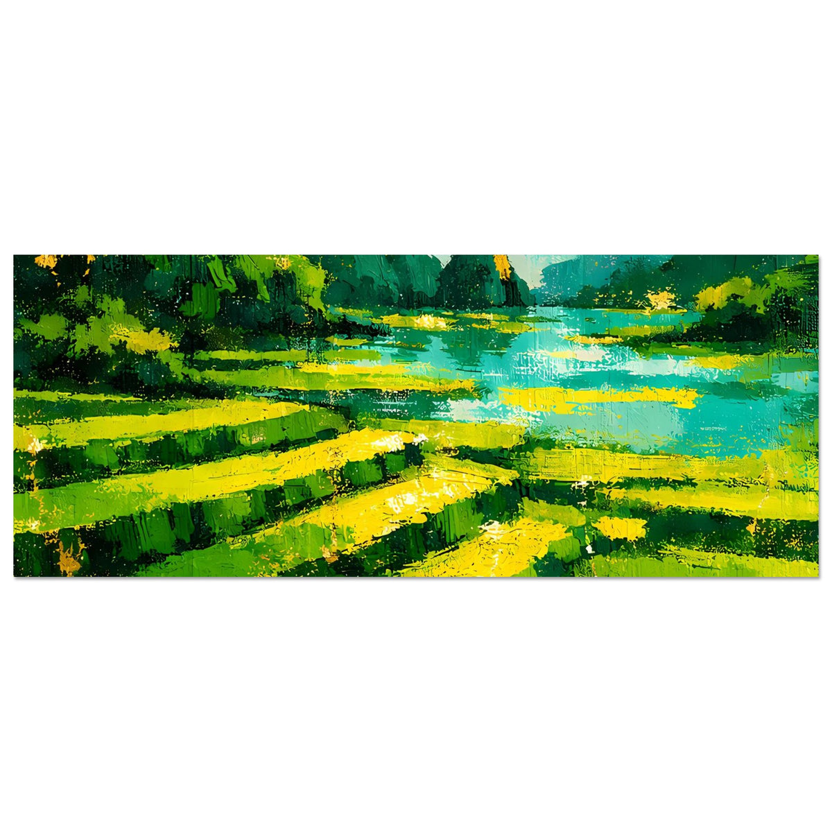 Landschaftsposter im Panoramaformat: grüner Fluss mit gelben Lichtstreifen, horizontal.