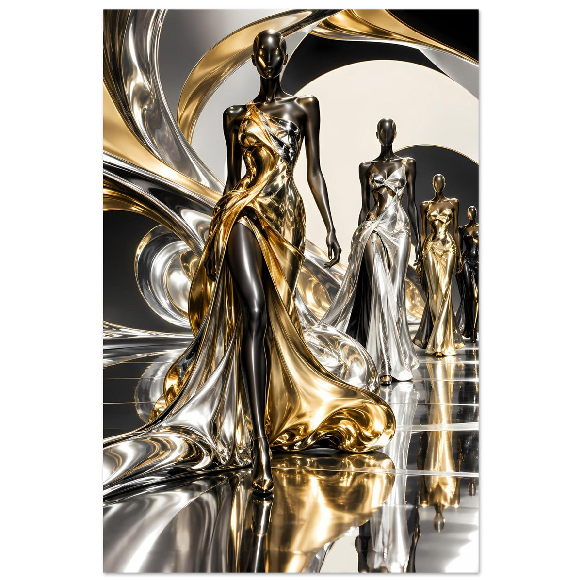Gold-Silber Poster im Hochformat mit zentraler Figur und weiterer Figurenreihe