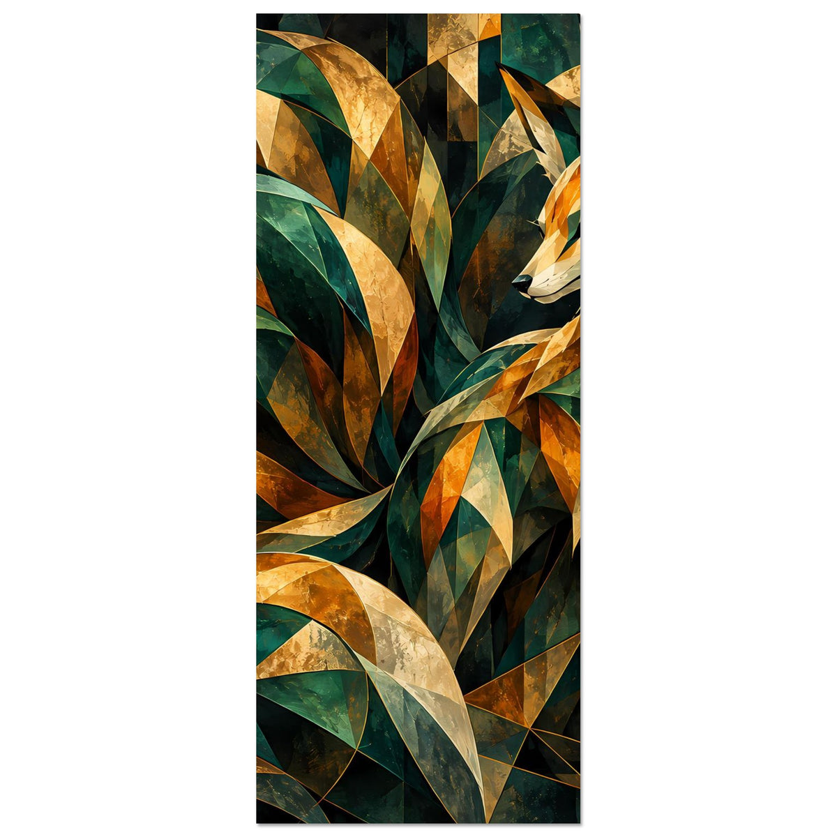 Kunstposter im Hochformat mit Fuchsmotiv, grün-goldenem Polygon-Muster