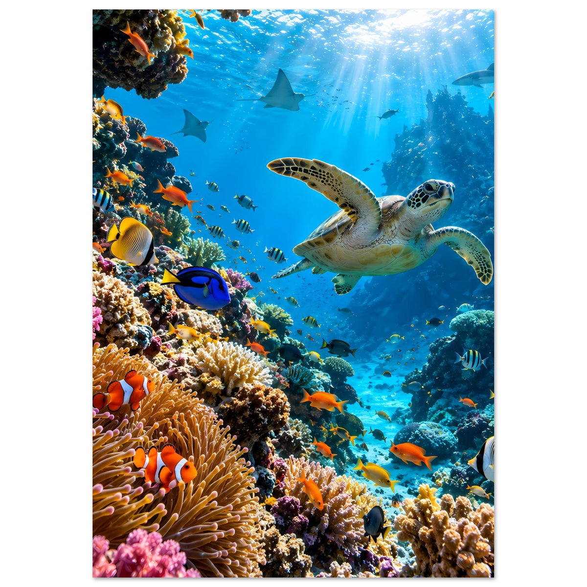 Poster mit Korallenriff: Meeresschildkröte im Zentrum, links große Korallenriffe, viele Fische