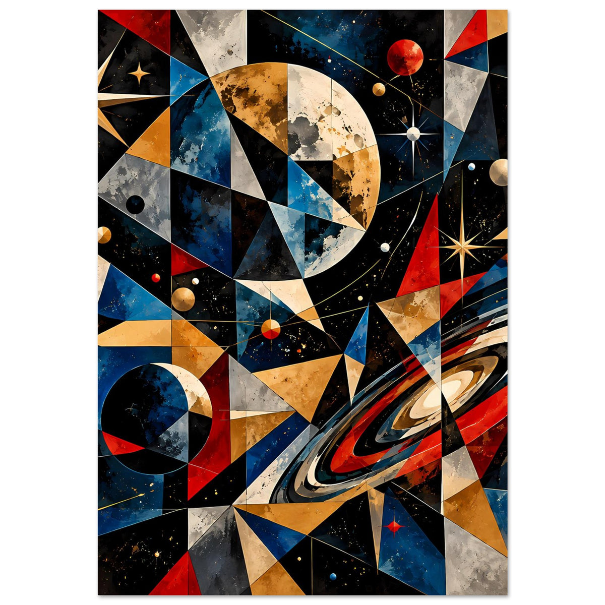 Poster mit kosmischen Formen: Halbmond, Kreise und Dreiecke in Blau, Rot, Gold.