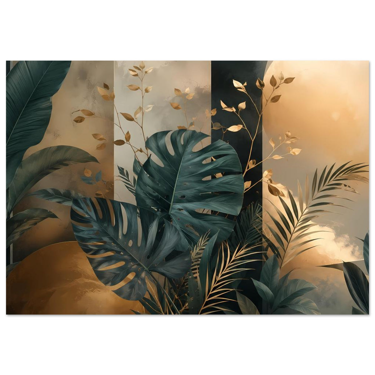 Poster mit großen Monstera- und Palmblättern in Petrolgrün, goldene Blätter im Vordergrund