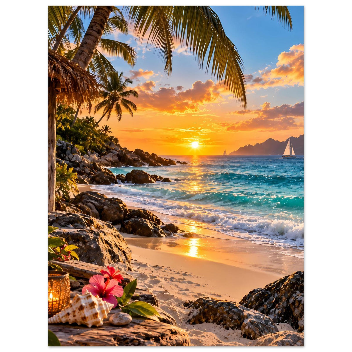 Poster tropischer Strand Sonnenuntergang im Hochformat: Küste mit Palmen, Felsen und Sonnenlicht