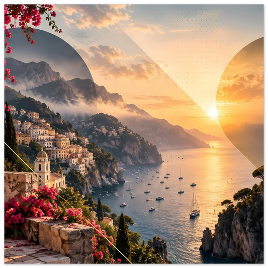 Poster mit Amalfiküste, Sonnenuntergang am Meer, Segelbooten, Küstenhäusern und pinken Blumen