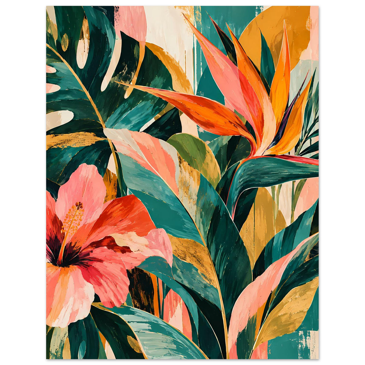 Florales Kunstposter im Hochformat mit pinken und orangefarbenen Blüten sowie Tropenblättern