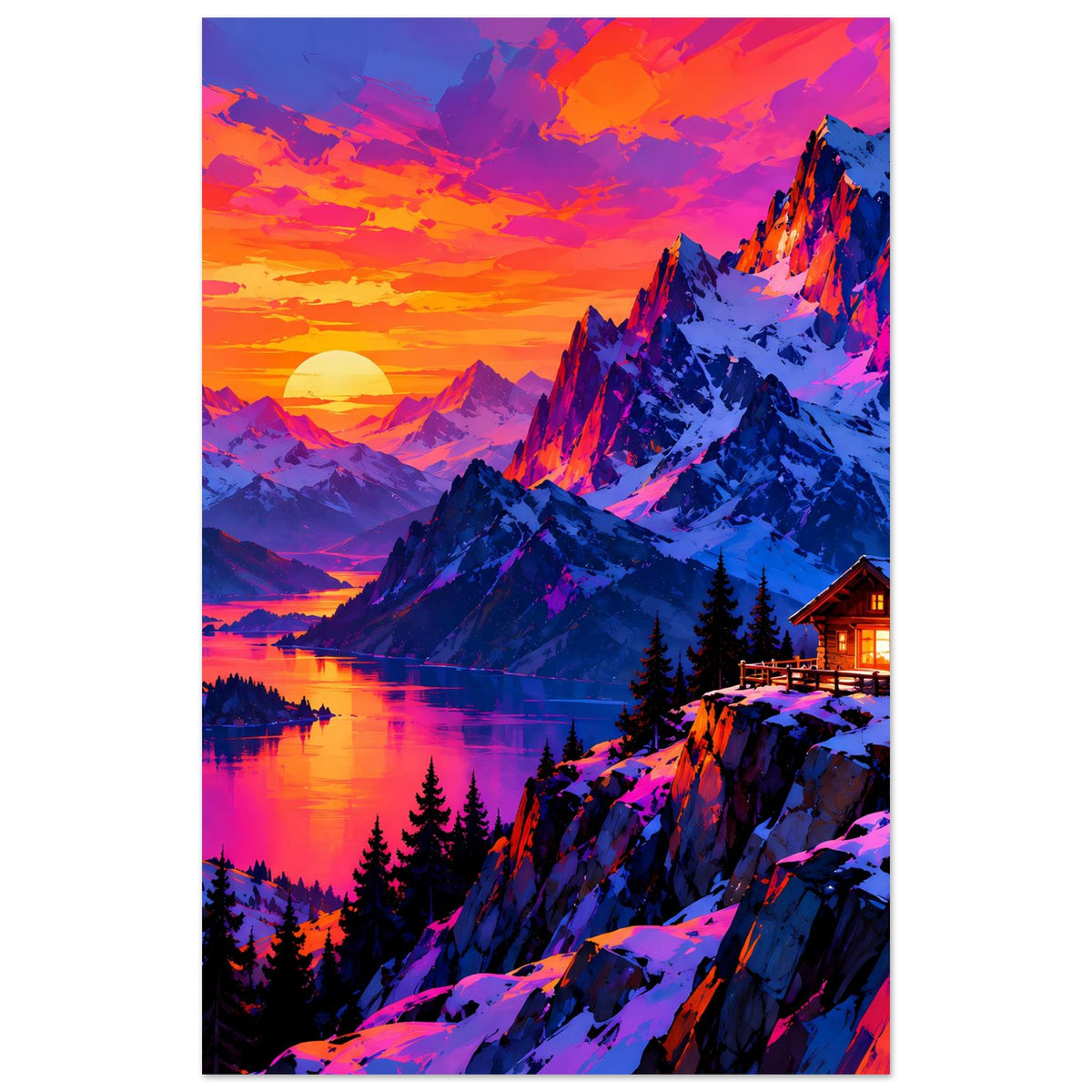 Hochkant-Poster mit Berglandschaft, Bergsee, knalligen Farben, Sonne und beleuchteter Hütte