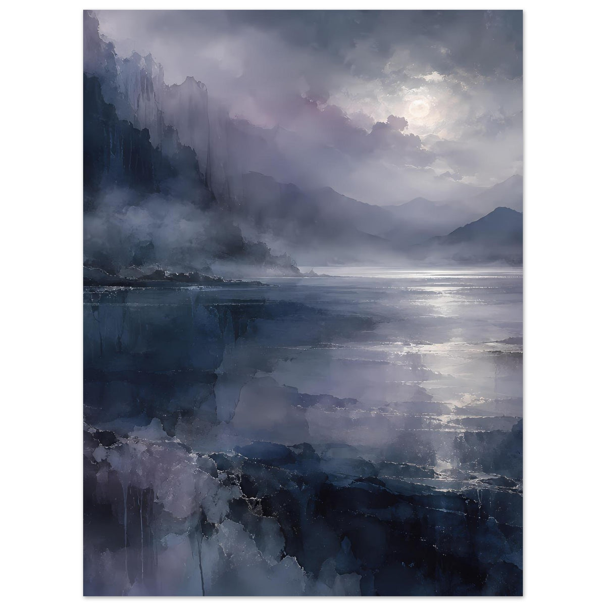 Poster im Hochformat mit mondscheinverhangener Küstenlandschaft, Wolken, Dunst und Wasserreflex