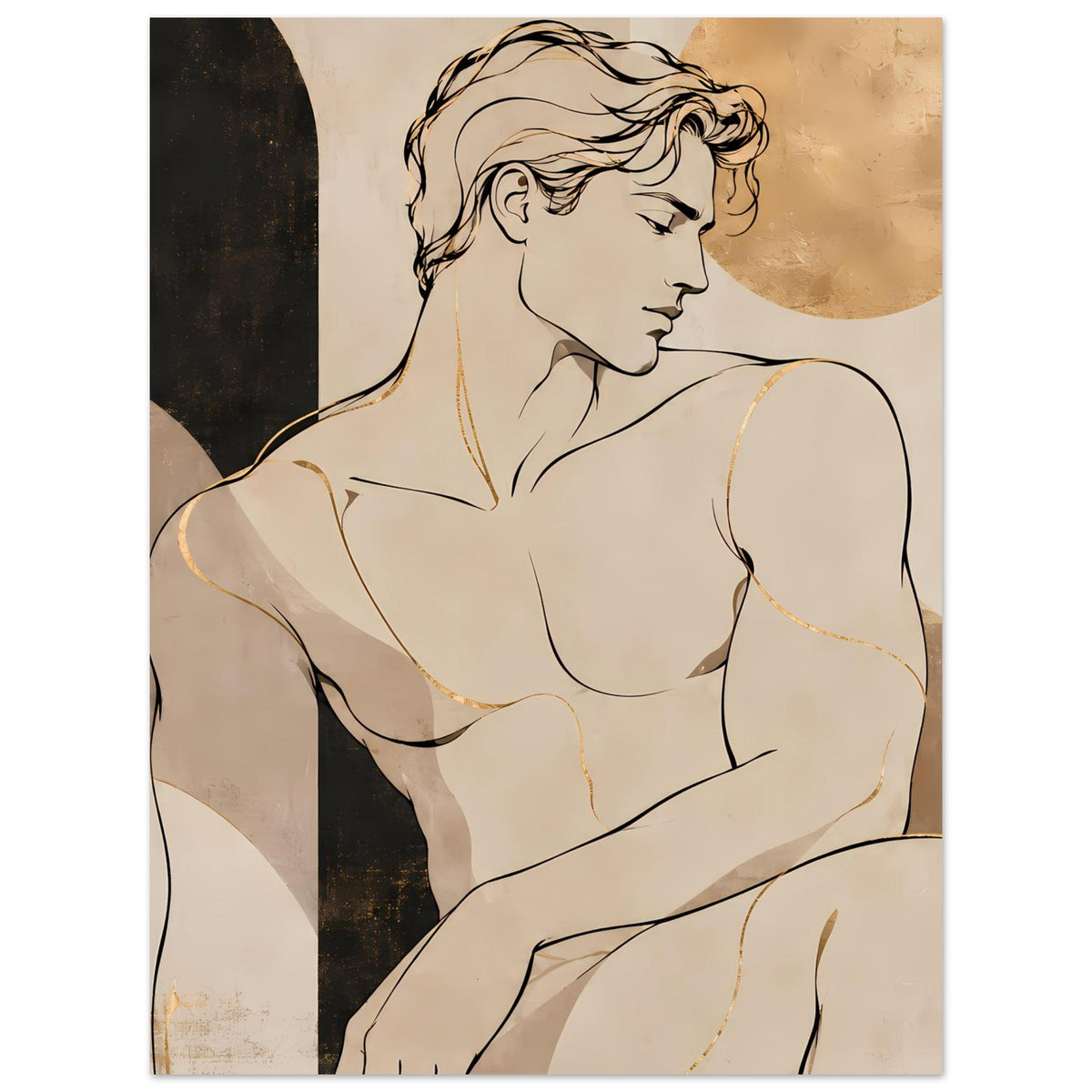 Kunstposter mit Aktfigur im Profil, warme Erdtöne, Goldakzente und runder goldener Bogenform