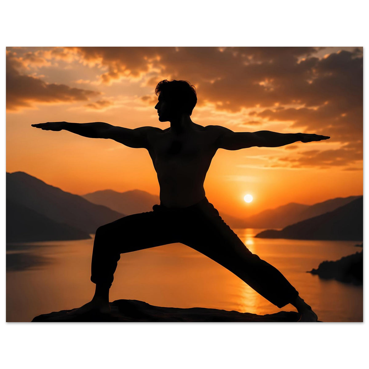 Yoga-Poster im Querformat mit Silhouette in Kriegerpose vor orangefarbenem Himmel